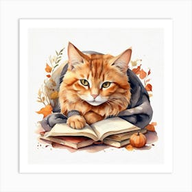 Orange Cat Reading A Book Art Print