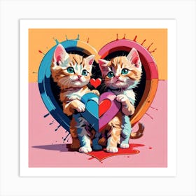 Lovers Kittens Holding Hearts Art Print