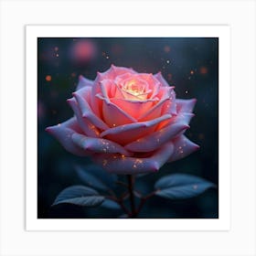 A Whimsical Rose With Petals Of Shimmering, Fractal Light Blooming In A Mystical Twilight Garden Art Print