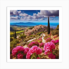 Pink Flowers On The Hill Art Print