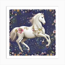 White Floral Horse (1) Art Print