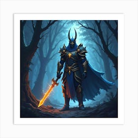 A Fierce Warrior With Glowing Armor Standing In A Magical Twilight Forest Art Print