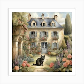 Cat In Front Of House 1 Art Print