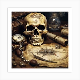 A Pirate Skull Watch On A Table Next To A Treasure Art Print