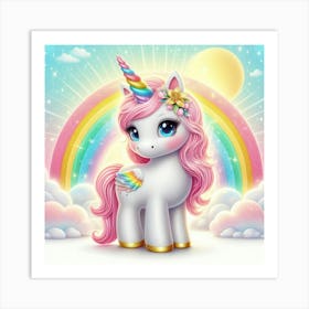 Cute Unicorn with sun and rainbow 1 Art Print