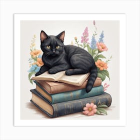 Black Cat On Books Art Print