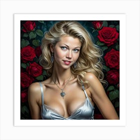 Beautiful Woman With Red Roses Art Print