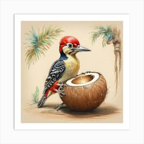 Woodpecker On Coconut Art Print