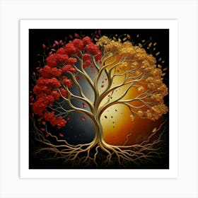 Template: Half red and half black, solid color gradient tree with golden leaves and twisted and intertwined branches 3D oil painting 4 Art Print