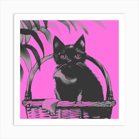 Black Kitty Cat In A Basket Pink 1 Art Print
