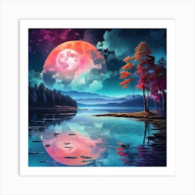 Full Moon Over Lake 1 Art Print