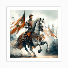 Portoguese Royal On A Lusitano Horse Color Drawing Art Print