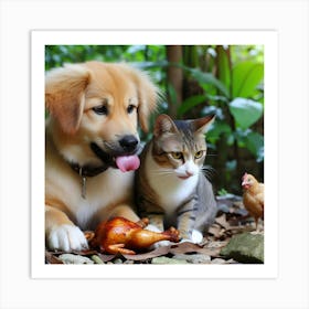 Cat And Dog Eating Chicken Art Print