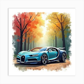 Bugatti Chiron Surrounded By A Colorful Watercolor Forest Scene Art Print