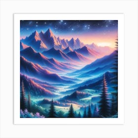 Whimsical Pastel Mountain Valley Landscape Twilight Art Print