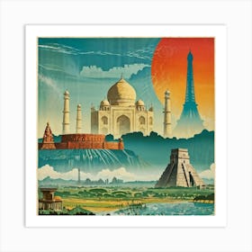 A Vintage Travel Poster Features A Collage Of Major Historical Landmarks From Different Continents (1) Art Print