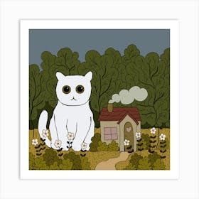 White Cat In The Forest Art Print