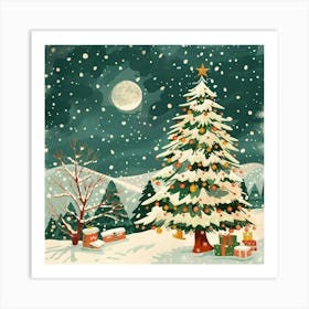 Christmas Banner Texture With A Snowy Christmas Tree and Gifts Art Print