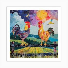 Kitsch Rooster On The Fence Collage 1 Art Print