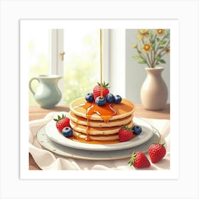 Watercolor Art Of Pancakes With Maple Syrup And Berries On A Cozy Kitchen Table Art Print