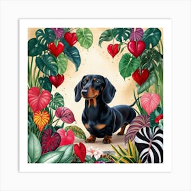 Black Dachshund with Plants and Hearts Art Print