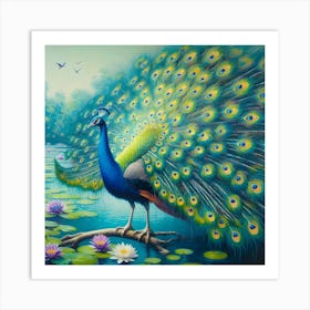 Peacock In Water Art Print