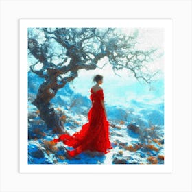 Painting of a woman by a tree in the mountains Art Print