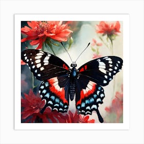 Butterfly On Red Flowers Art Print