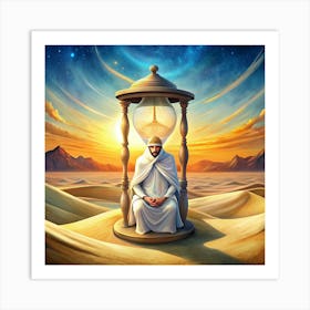 Man Sitting In An Hourglass In A Desert Art Print