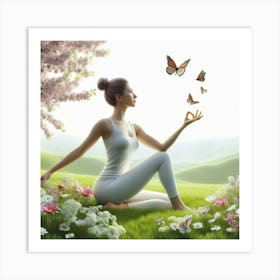 Woman In Yoga Pose With Butterflies Art Print