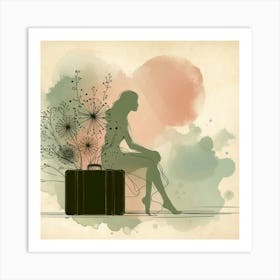 Silhouette Of A Woman With A Suitcase Art Print