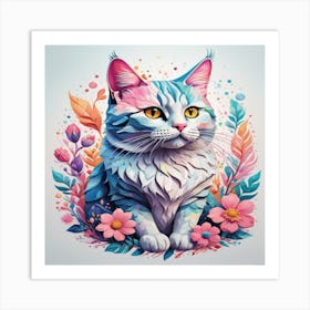 Cat With Flowers Art Print