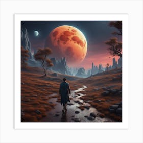 Man walking toward the moon Art Print