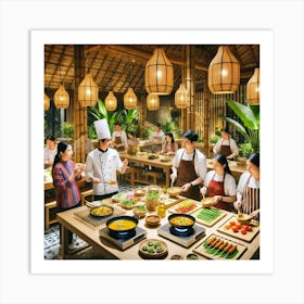 A Lively Scene Of Cooking Classes Where Guests Are Art Print