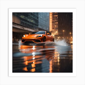 Orange Car Driving in Water  Art Print