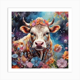 Cow With Flowers Art Print