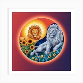 Lion And Sunflowers 2 Art Print