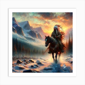 Oil Texture Native American Indian On Horseback In The Mountains 2 Copy Art Print