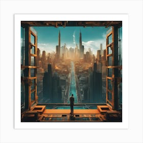 A Man S Head Shows Through The Window Of A City, In The Style Of Multi Layered Geometry, Egyptian Ar (4) Art Print