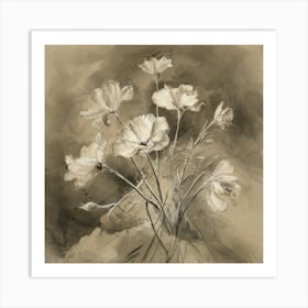 soft Neutral, flower still life, loose, Pen and Ink Drawing, drypoint, fine art Art Print