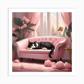 Cat Nap Tuxedo Cat Napping In Pink Interior Art Print 5 Art Print