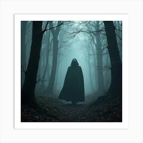 Mysterious Shadowy Figure In A Cloak Walking Through A Misty, Magical Forest 1 Art Print