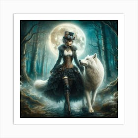 Steampunk Girl With Wolf 1 Art Print