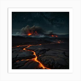 A Dramatic Volcanic Landscape With Flowing Lava, Steaming Vents, And A Dark, Starry Sky Art Print