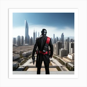 The Image Depicts A Man In A Black Suit And Helmet Standing In Front Of A Large, Modern Cityscape 1 Art Print