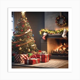 Christmas Tree In Front Of Fireplace 3 Art Print