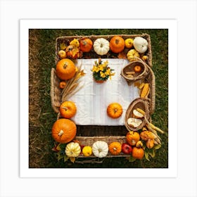 An Idyllic Rustic Autumn Setting A Basket Brimming With Fresh Harvest Of Corn And Pumpkin Wood Br (3) Art Print