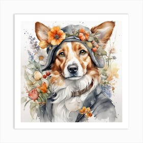 Style Joachim Beuckelaer Watercolor Vintage Style Cute With Dog Dark Grey Kitten With Flowers Whit Art Print