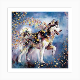 Husky Dog With Butterflies Art Print