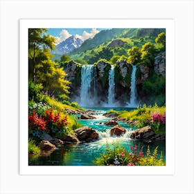 Waterfall In The Mountains Art Print